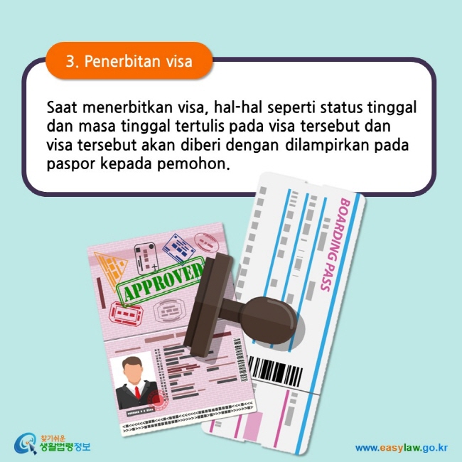 3. Penerbitan visa Saat menerbitkan visa, hal-hal seperti status tinggal dan masa tinggal tertulis pada visa tersebut dan visa tersebut akan diberi dengan dilampirkan pada paspor kepada pemohon.